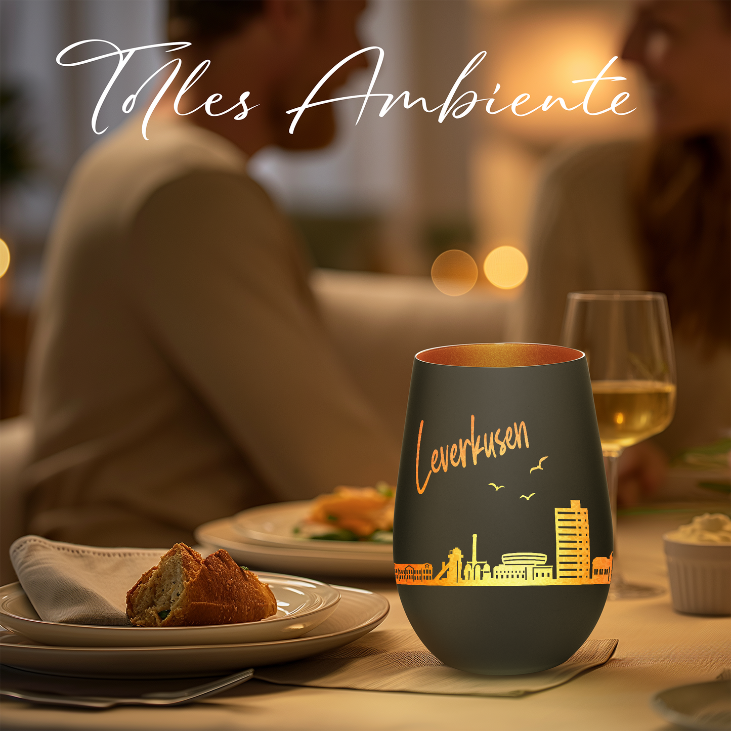 Hochwertiges Glas Windlicht mit Gravur "SKYLINE LEVERKUSEN" in der Farbe Schwarz/Bronze