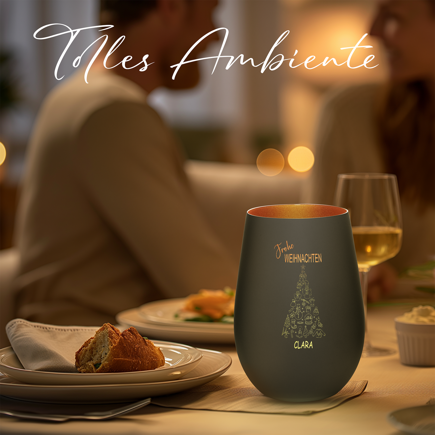 Hochwertiges Glas Windlicht mit Gravur "FROHE WEIHNACHTEN" mit Wunschname in der Farbe Schwarz/Bronze