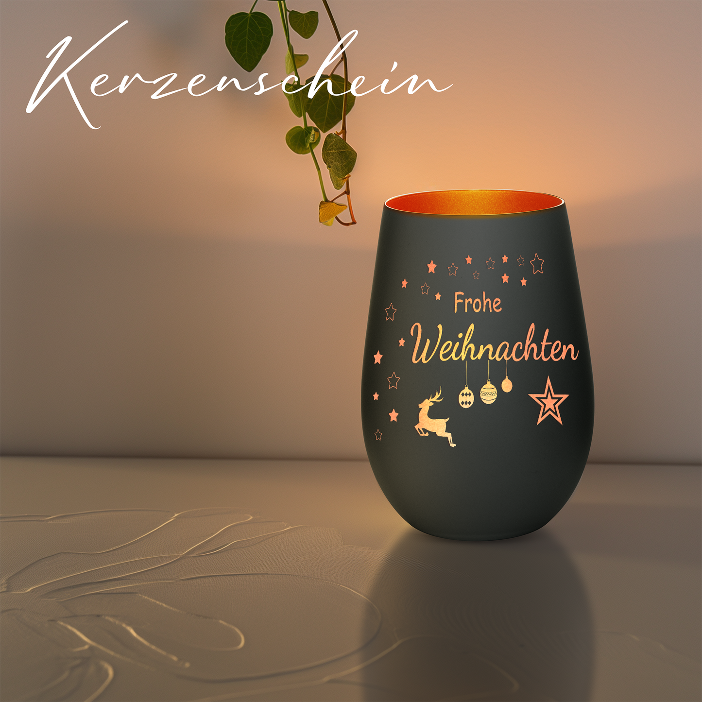 Hochwertiges Glas Windlicht mit Gravur "FROHE WEIHNACHTEN" in der Farbe Schwarz/Bronze
