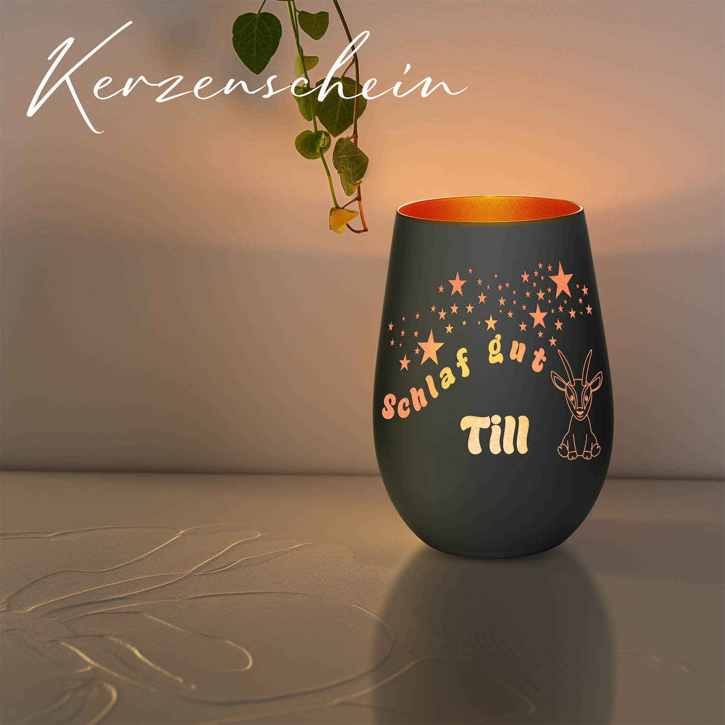 Hochwertiges Glas Windlicht für Kinder mit Gravur "SCHLAF GUT" Motiv Antilope mit Wunschname in der Farbe Schwarz/Bronze