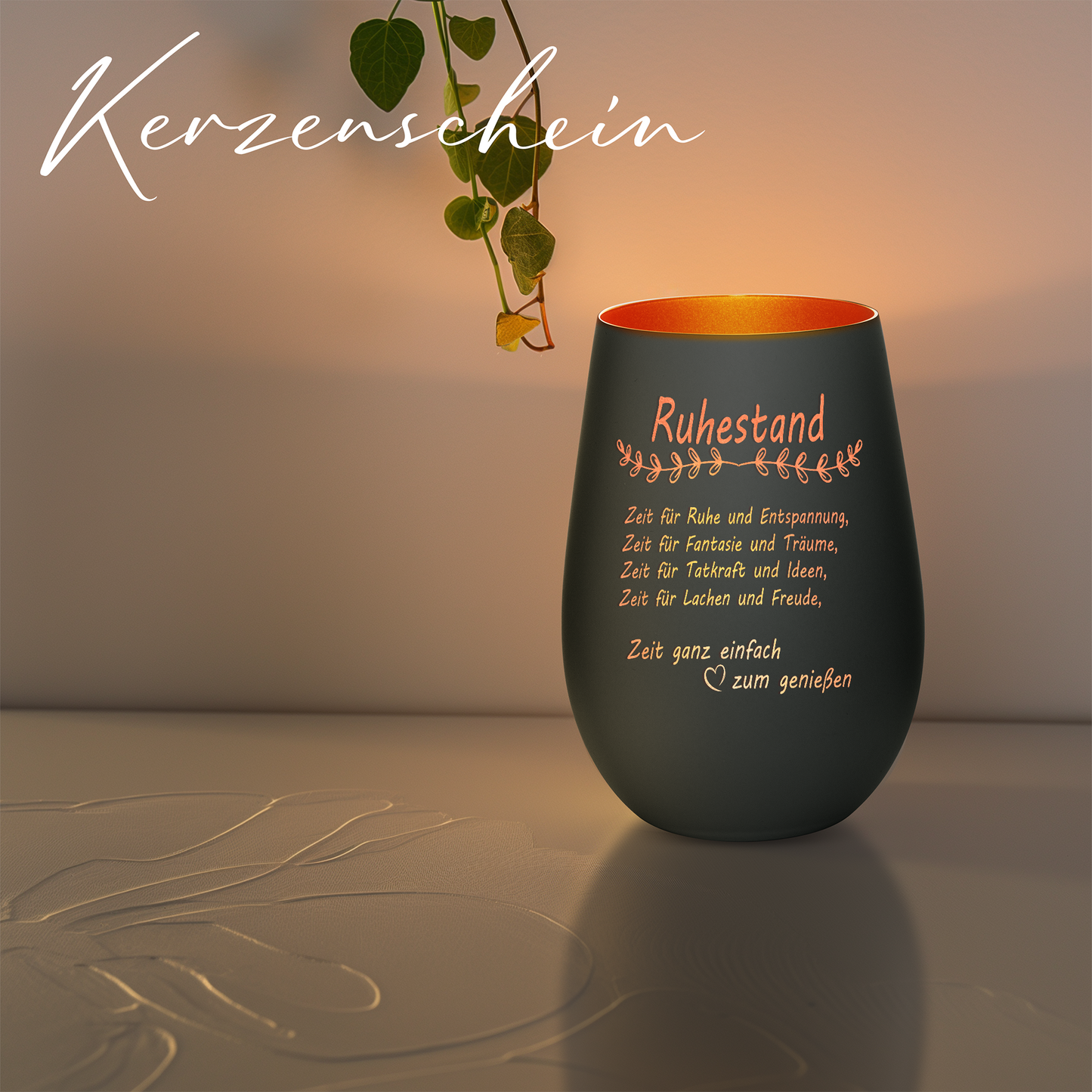 Hochwertiges Glas Windlicht mit Gravur "ALLES GUTE ZUM RUHESTAND" in der Farbe Schwarz/Bronze