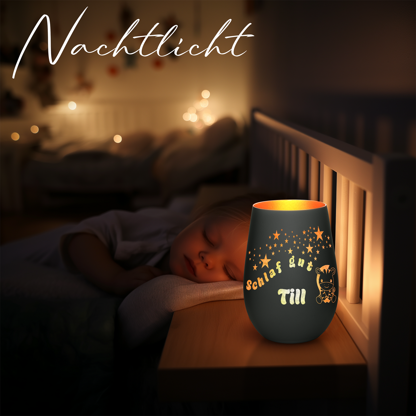 Hochwertiges Glas Windlicht für Kinder mit Gravur "SCHLAF GUT" Motiv Zebra mit Wunschname in der Farbe Schwarz/Bronze