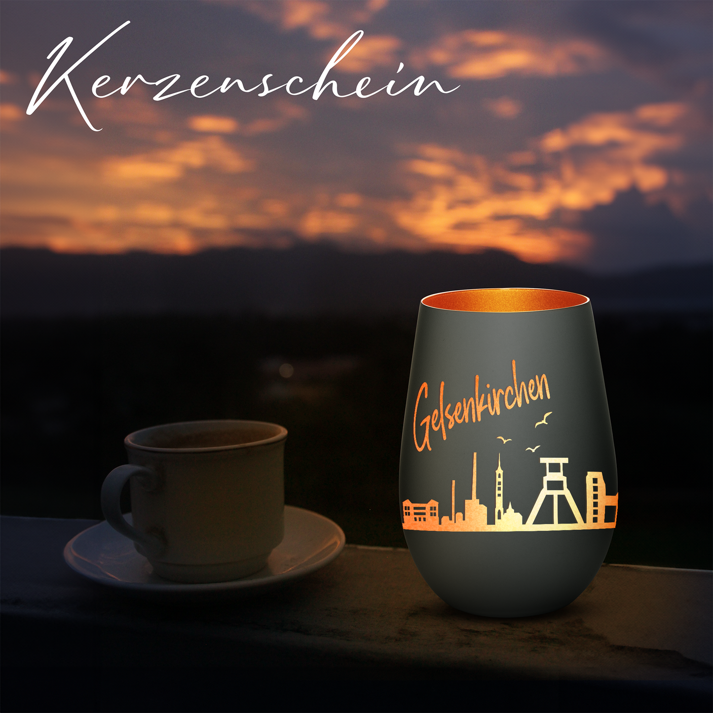 Hochwertiges Glas Windlicht mit Gravur "SKYLINE GELSENKIRCHEN" in der Farbe Schwarz/Bronze