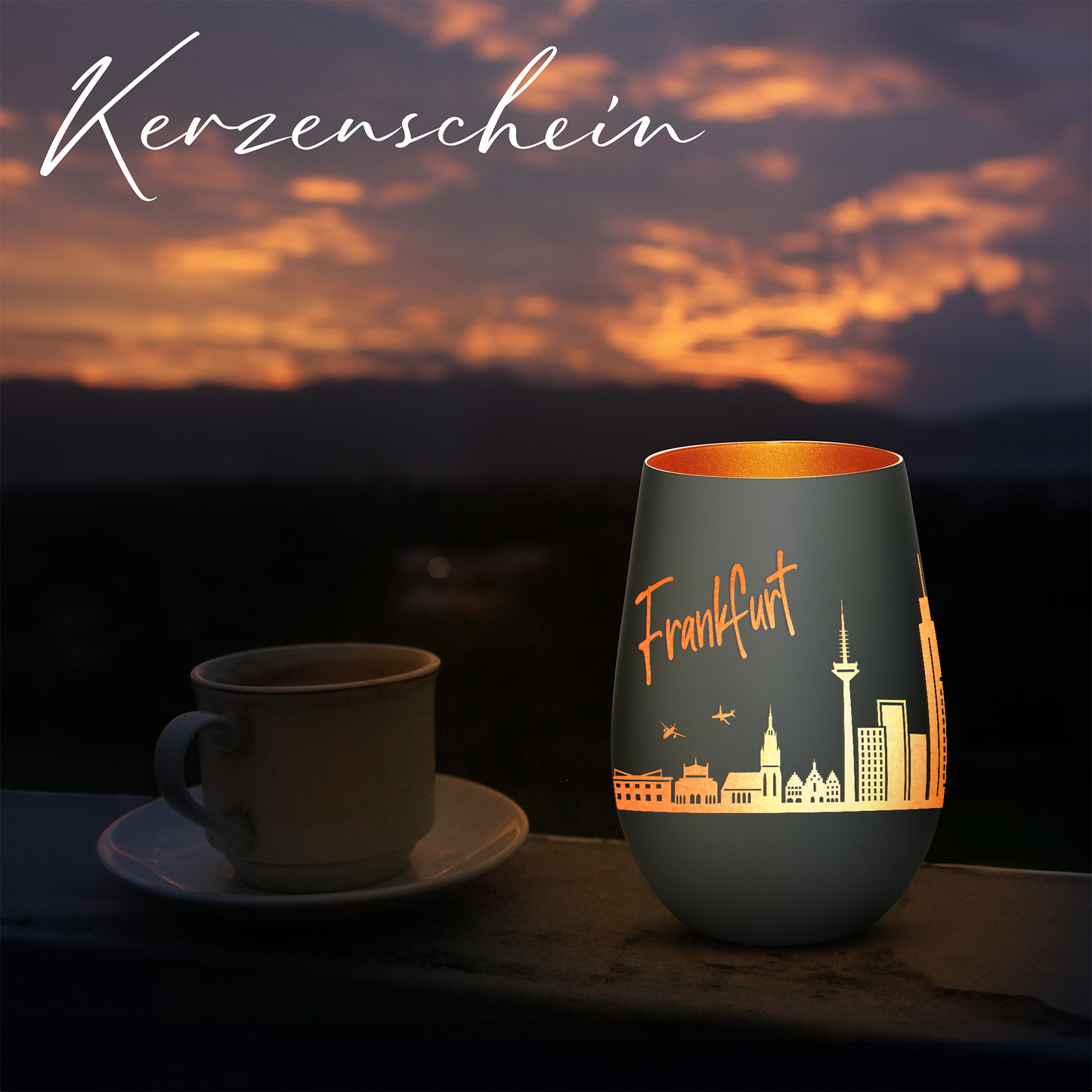 Hochwertiges Glas Windlicht mit Gravur "SKYLINE FRANKFURT" in der Farbe Schwarz/Bronze