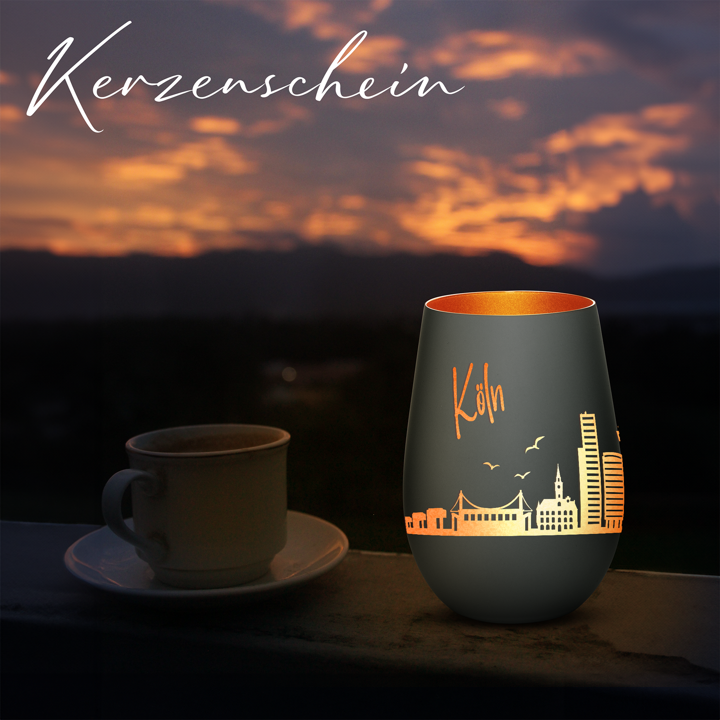 Hochwertiges Glas Windlicht mit Gravur "SKYLINE KÖLN" in der Farbe Schwarz/Bronze