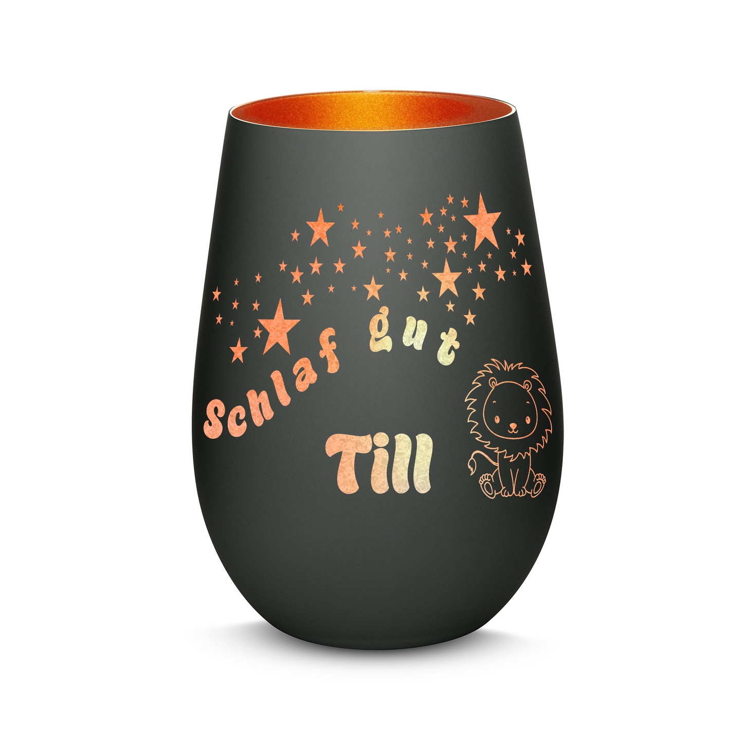 Hochwertiges Glas Windlicht für Kinder mit Gravur "SCHLAF GUT" Motiv Löwe mit Wunschname in der Farbe Schwarz/Bronze