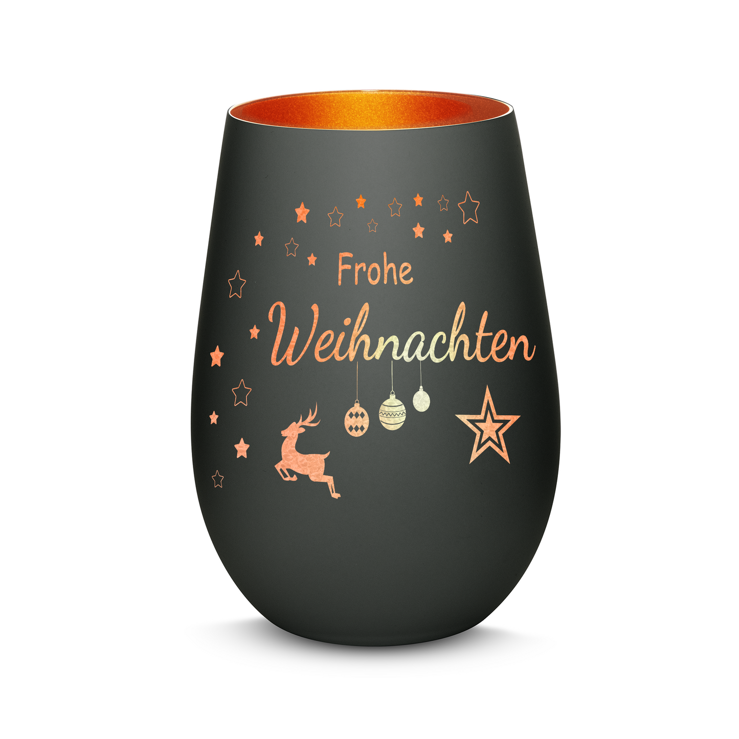 Hochwertiges Glas Windlicht mit Gravur "FROHE WEIHNACHTEN" in der Farbe Schwarz/Bronze