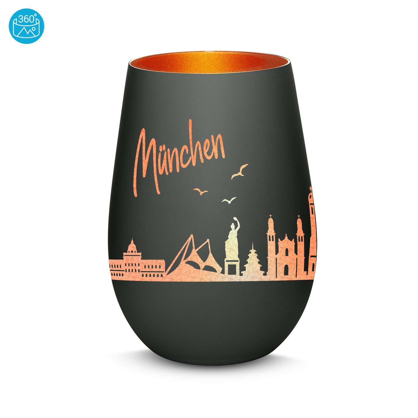 Hochwertiges Glas Windlicht mit Gravur "SKYLINE MÜNCHEN" in der Farbe Schwarz/Bronze