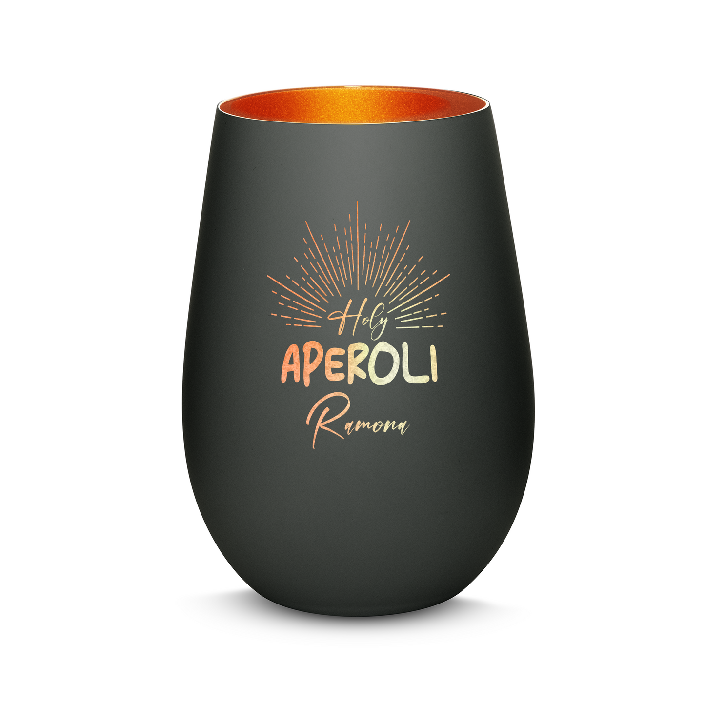Hochwertiges Glas Windlicht mit Gravur "HOLY APEROLI" mit Wunschname in der Farbe Schwarz/Bronze