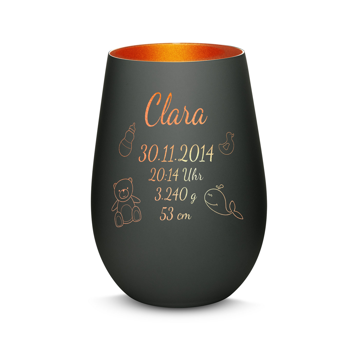 Hochwertiges Glas Windlicht mit Gravur "ZUR GEBURT" mit Wunschname und Datum in der Farbe Schwarz/Bronze