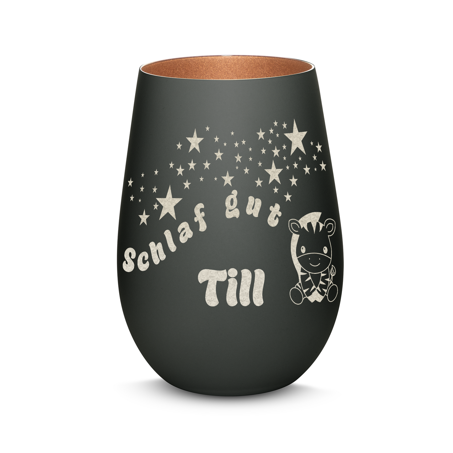 Hochwertiges Glas Windlicht für Kinder mit Gravur "SCHLAF GUT" Motiv Zebra mit Wunschname in der Farbe Schwarz/Bronze