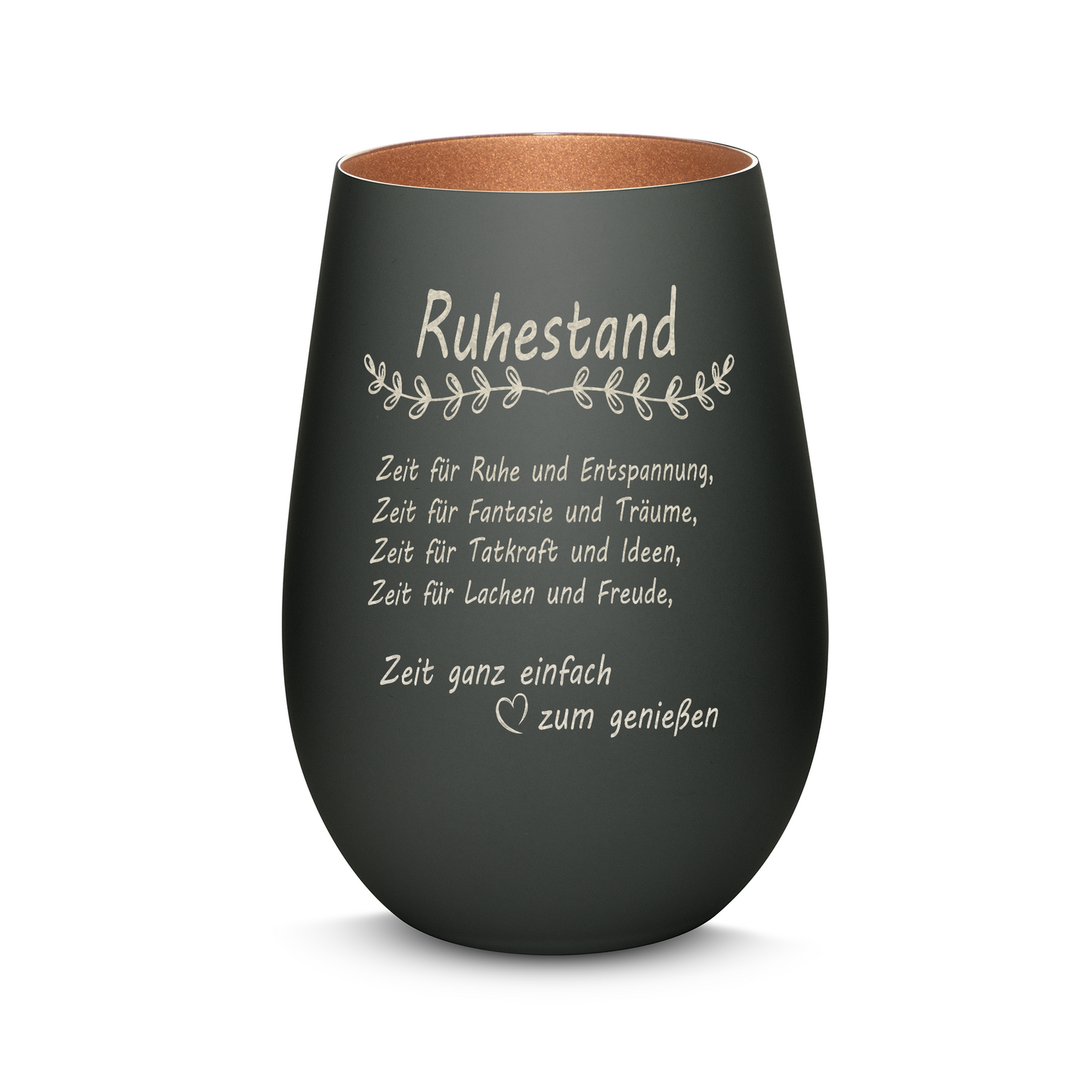 Hochwertiges Glas Windlicht mit Gravur "ALLES GUTE ZUM RUHESTAND" in der Farbe Schwarz/Bronze