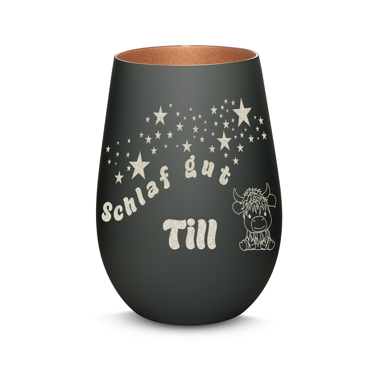 Hochwertiges Glas Windlicht für Kinder mit Gravur "SCHLAF GUT" Motiv Bison mit Wunschname in der Farbe Schwarz/Bronze