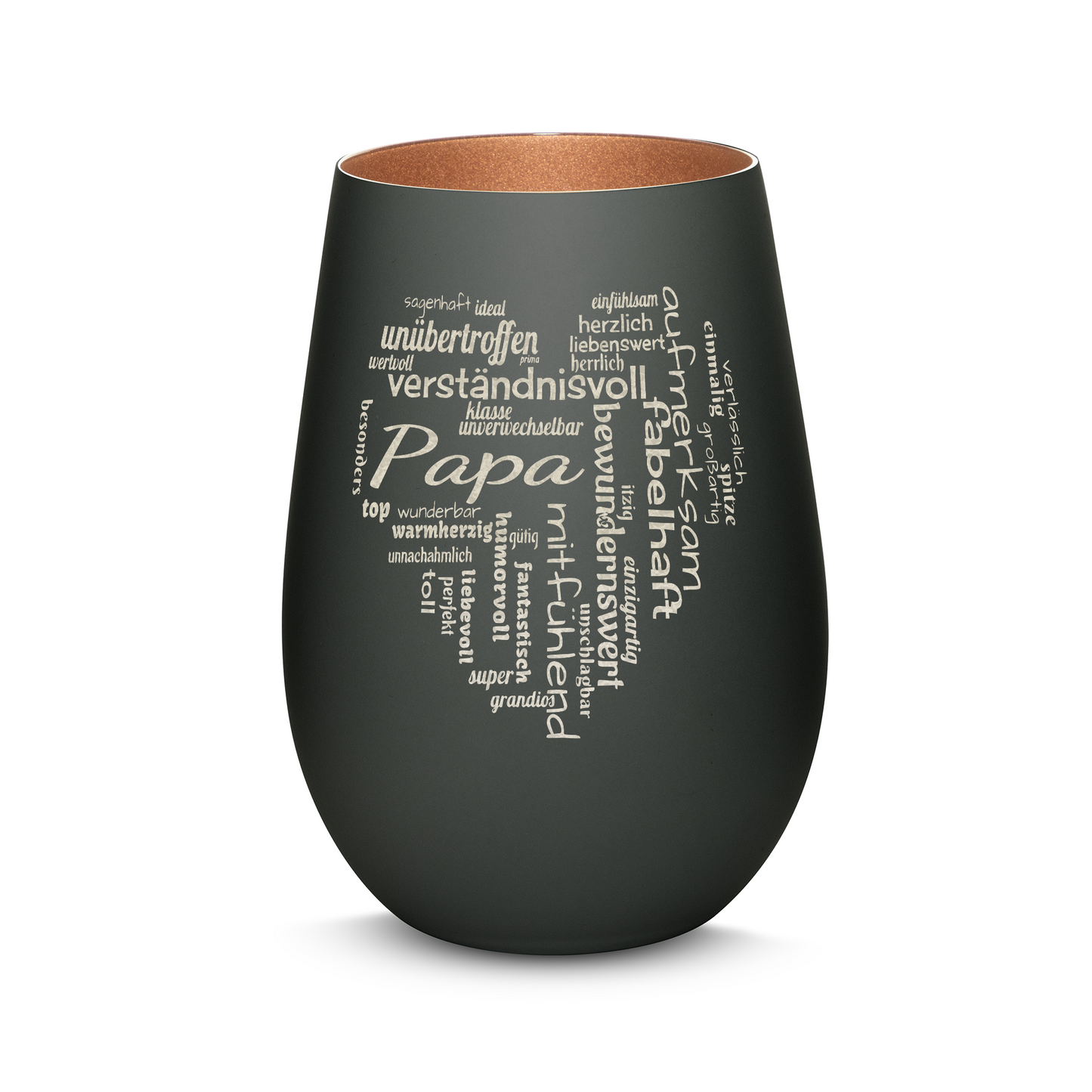 Hochwertiges Glas Windlicht mit Gravur "PAPA GROßES HERZ" in der Farbe Schwarz/Bronze