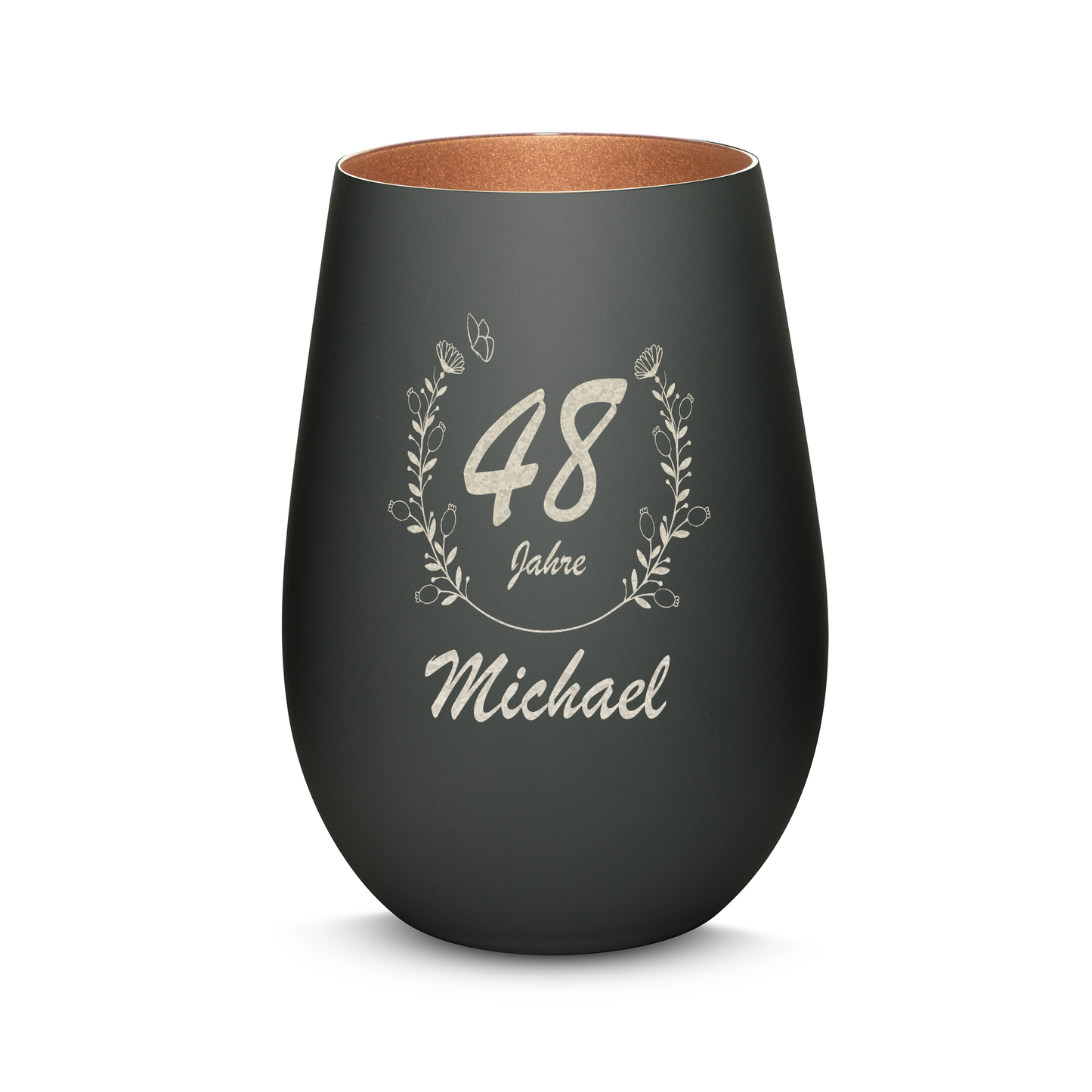 Hochwertiges Glas Windlicht mit Gravur "GEBURTSTAG MIT BLUMENKRANZ" mit Wunschnamen und Datum in der Farbe Schwarz/Bronze