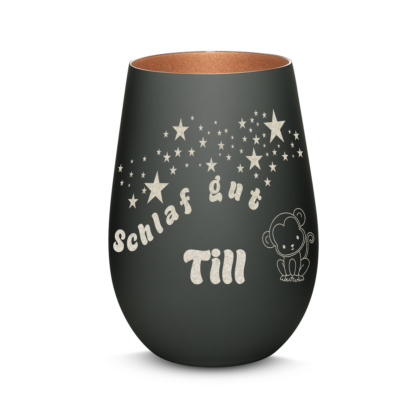 Hochwertiges Glas Windlicht für Kinder mit Gravur "SCHLAF GUT" Motiv Affe mit Wunschname in der Farbe Schwarz/Bronze