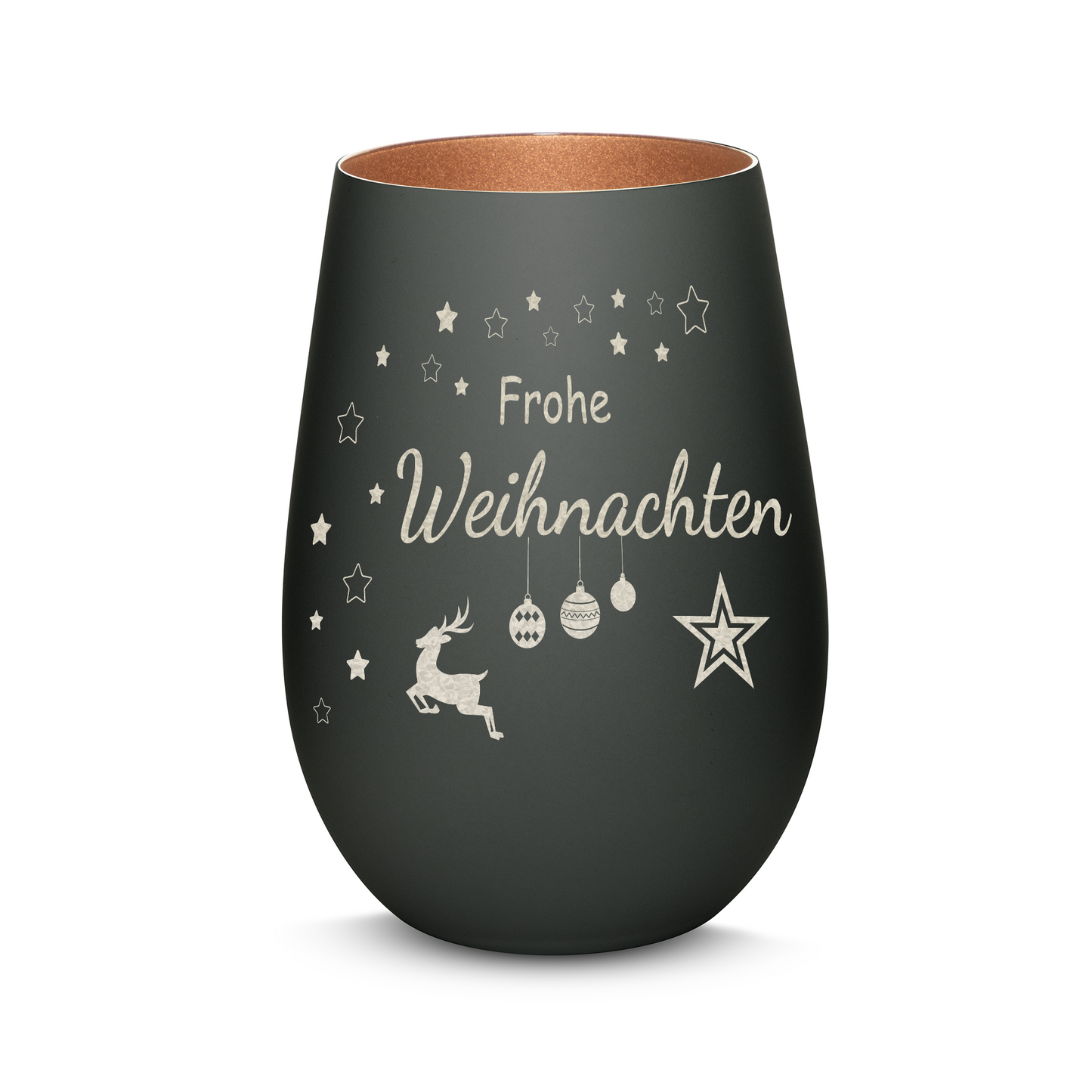 Hochwertiges Glas Windlicht mit Gravur "FROHE WEIHNACHTEN" in der Farbe Schwarz/Bronze