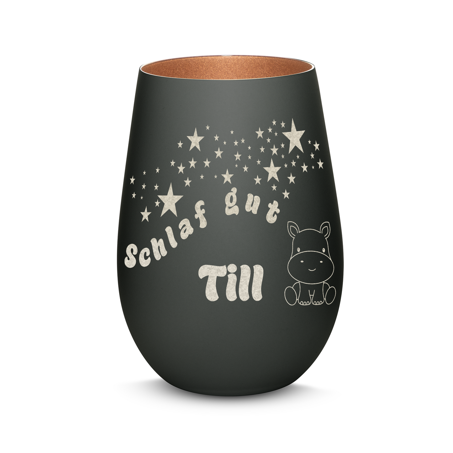 Hochwertiges Glas Windlicht für Kinder mit Gravur "SCHLAF GUT" Motiv Nilpferd mit Wunschname in der Farbe Schwarz/Bronze