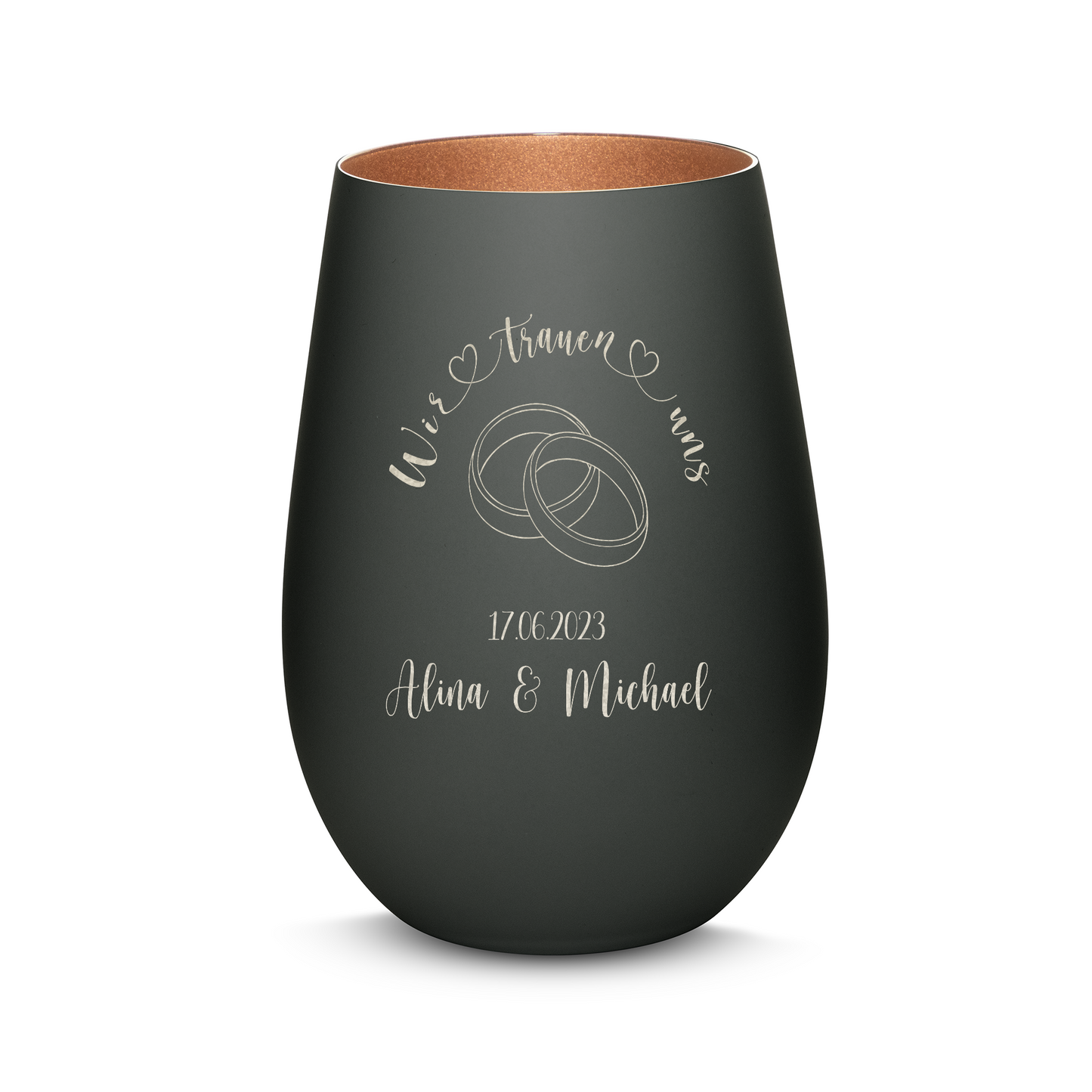 Hochwertiges Glas Windlicht mit Gravur "WIR TRAUEN UNS" Motiv Hochzeitsringe mit Wunschnamen und Datum in der Farbe Schwarz/Bronze