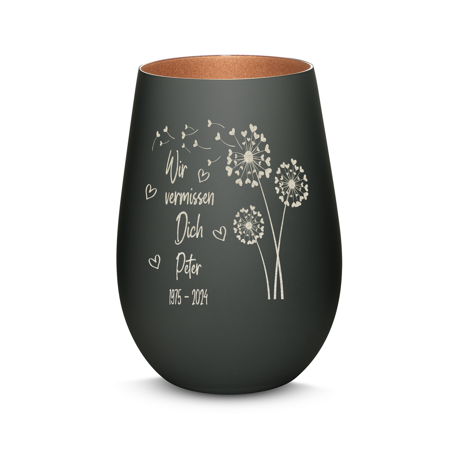 Hochwertiges Glas Windlicht mit Gravur als Trauerlicht "WIR VERMISSEN DICH" mit Wunschname in der Farbe Schwarz/Bronze
