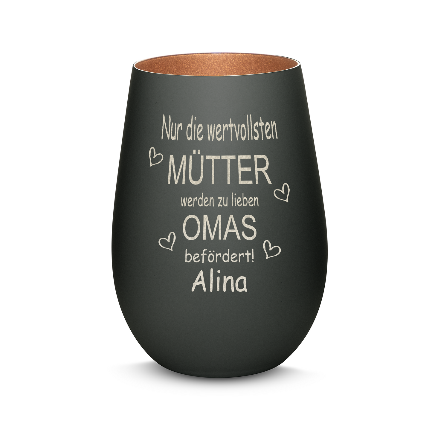 Hochwertiges Glas Windlicht mit Gravur "NUR DIE WERTVOLLSTEN MÜTTER WERDEN ZU LIEBEN OMAS" mit Wunschname in der Farbe Schwarz/Bronze