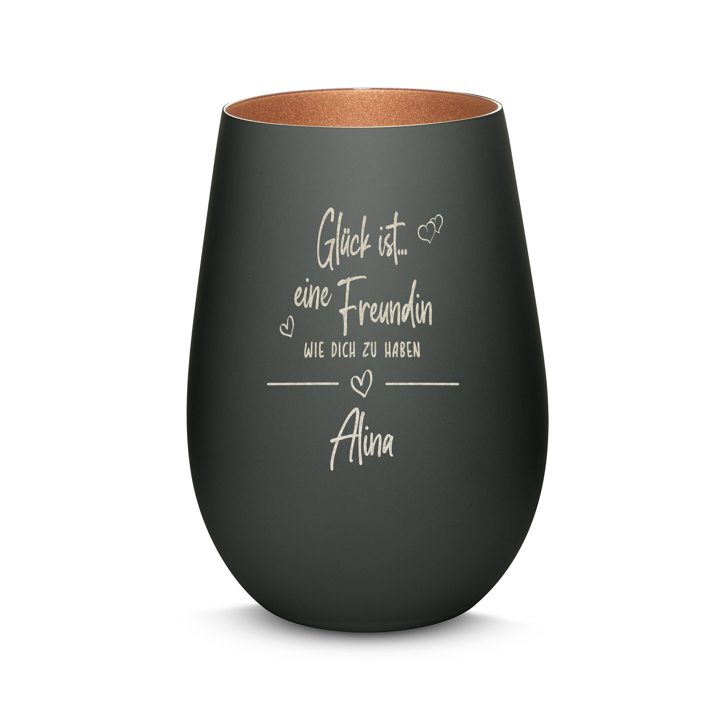 Hochwertiges Glas Windlicht mit Gravur "GLÜCK IST EINE FREUNDIN WIE DICH ZU HABEN" mit Wunschname in der Farbe Schwarz/Bronze