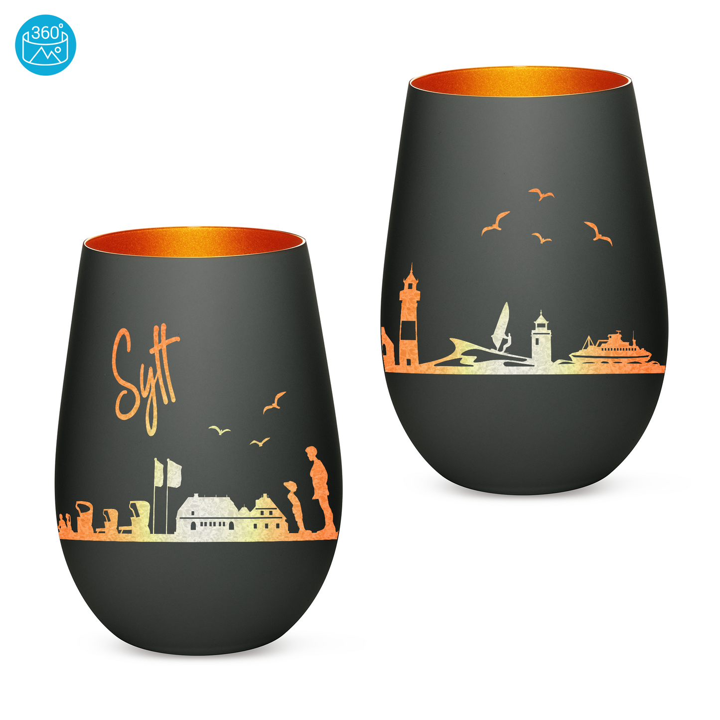 Hochwertiges Glas Windlicht mit Gravur "SKYLINE SYLT" in der Farbe Schwarz/Bronze