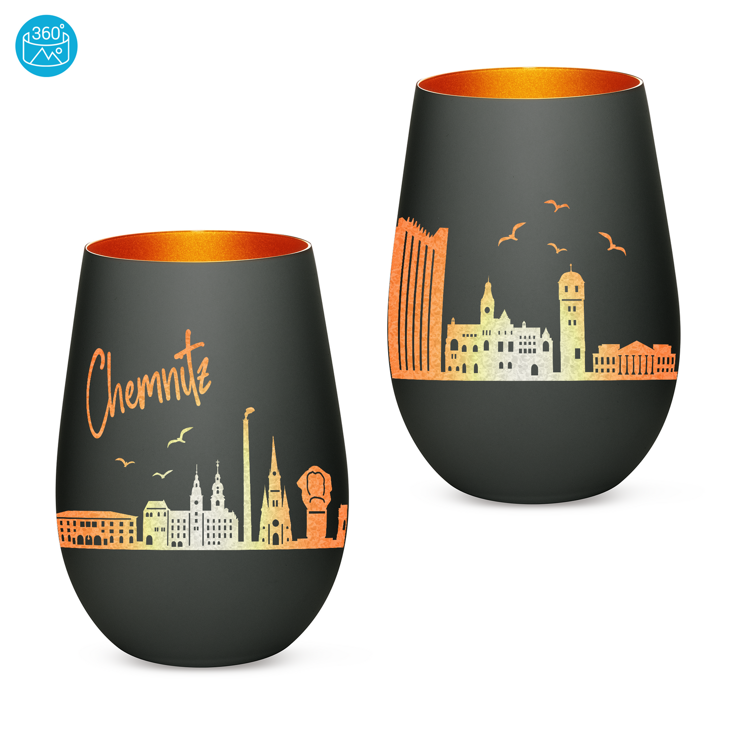 Hochwertiges Glas Windlicht mit Gravur "SKYLINE CHEMNITZ" in der Farbe Schwarz/Bronze