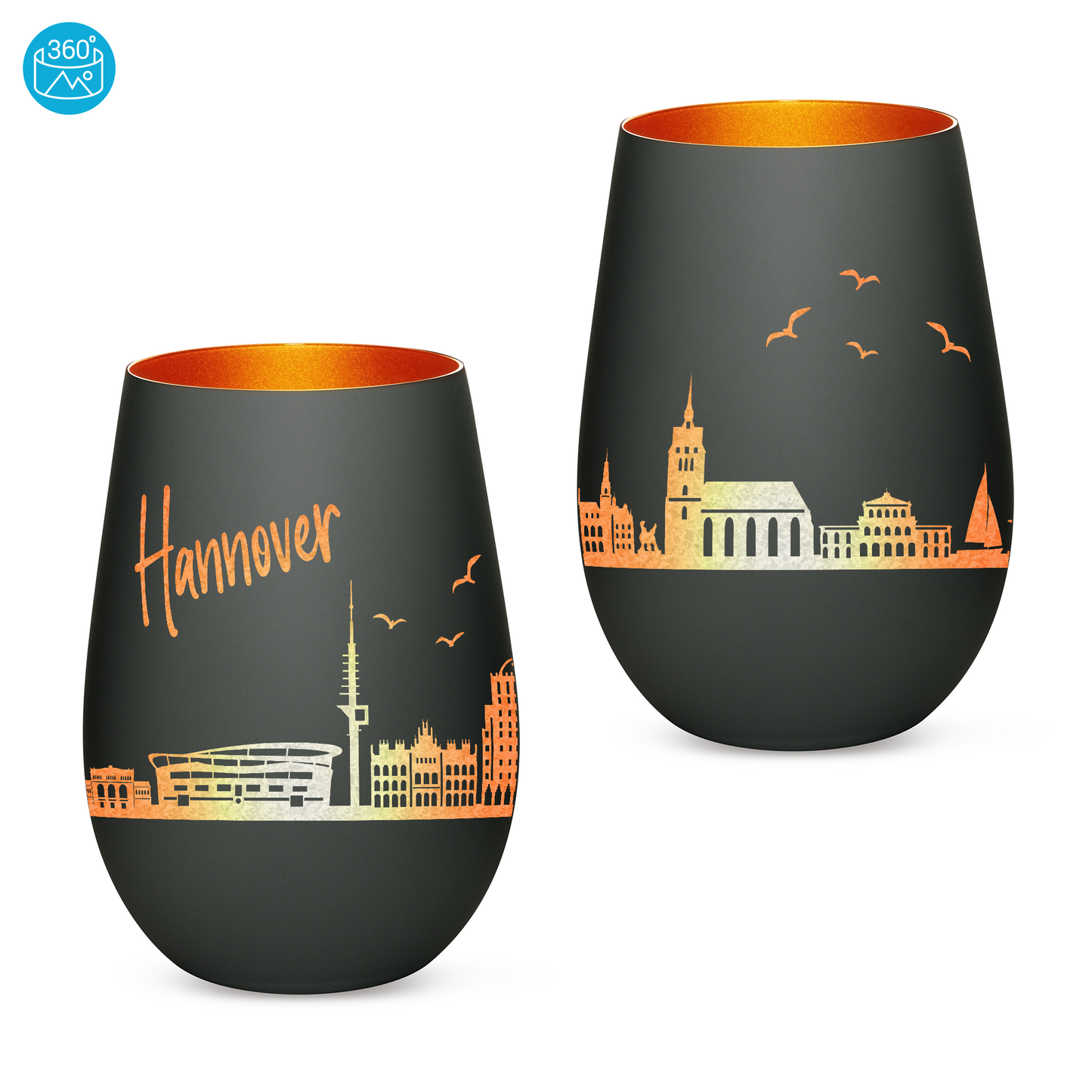 Hochwertiges Glas Windlicht mit Gravur "SKYLINE HANNOVER" in der Farbe Schwarz/Bronze