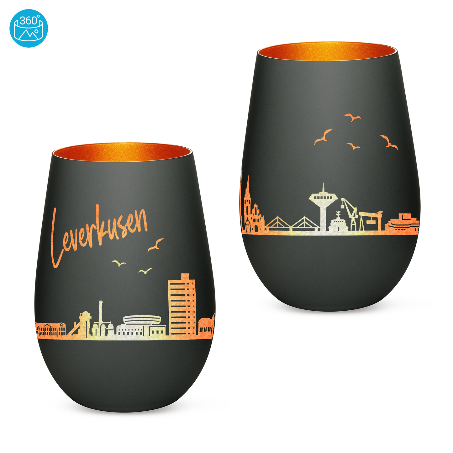 Hochwertiges Glas Windlicht mit Gravur "SKYLINE LEVERKUSEN" in der Farbe Schwarz/Bronze