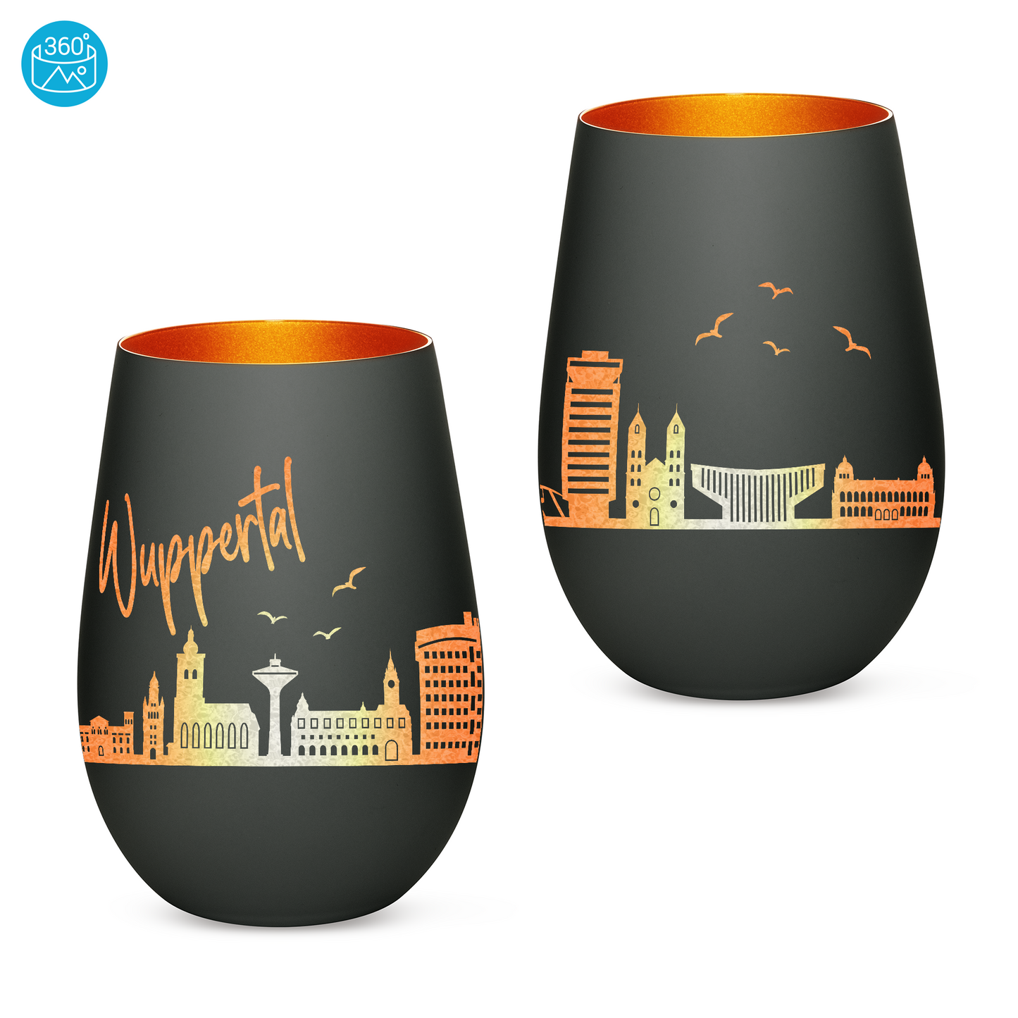 Hochwertiges Glas Windlicht mit Gravur "SKYLINE WUPPERTAL" in der Farbe Schwarz/Bronze