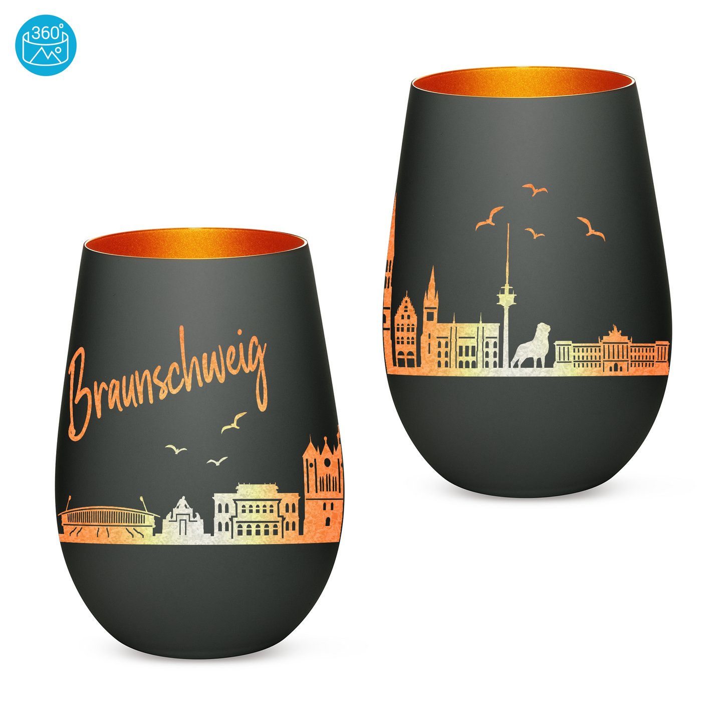 Hochwertiges Glas Windlicht mit Gravur "SKYLINE BRAUNSCHWEIG" in der Farbe Schwarz/Bronze