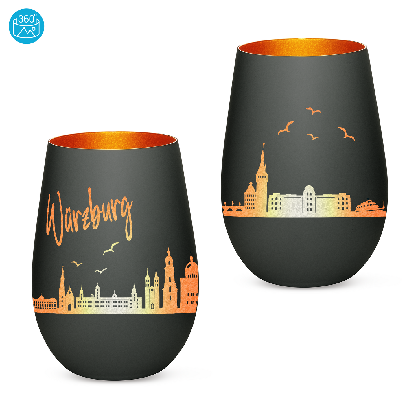 Hochwertiges Glas Windlicht mit Gravur "SKYLINE WÜRZBURG" in der Farbe Schwarz/Bronze
