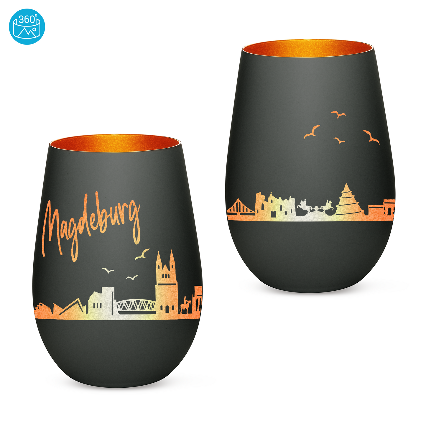 Hochwertiges Glas Windlicht mit Gravur "SKYLINE MAGDEBURG" in der Farbe Schwarz/Bronze