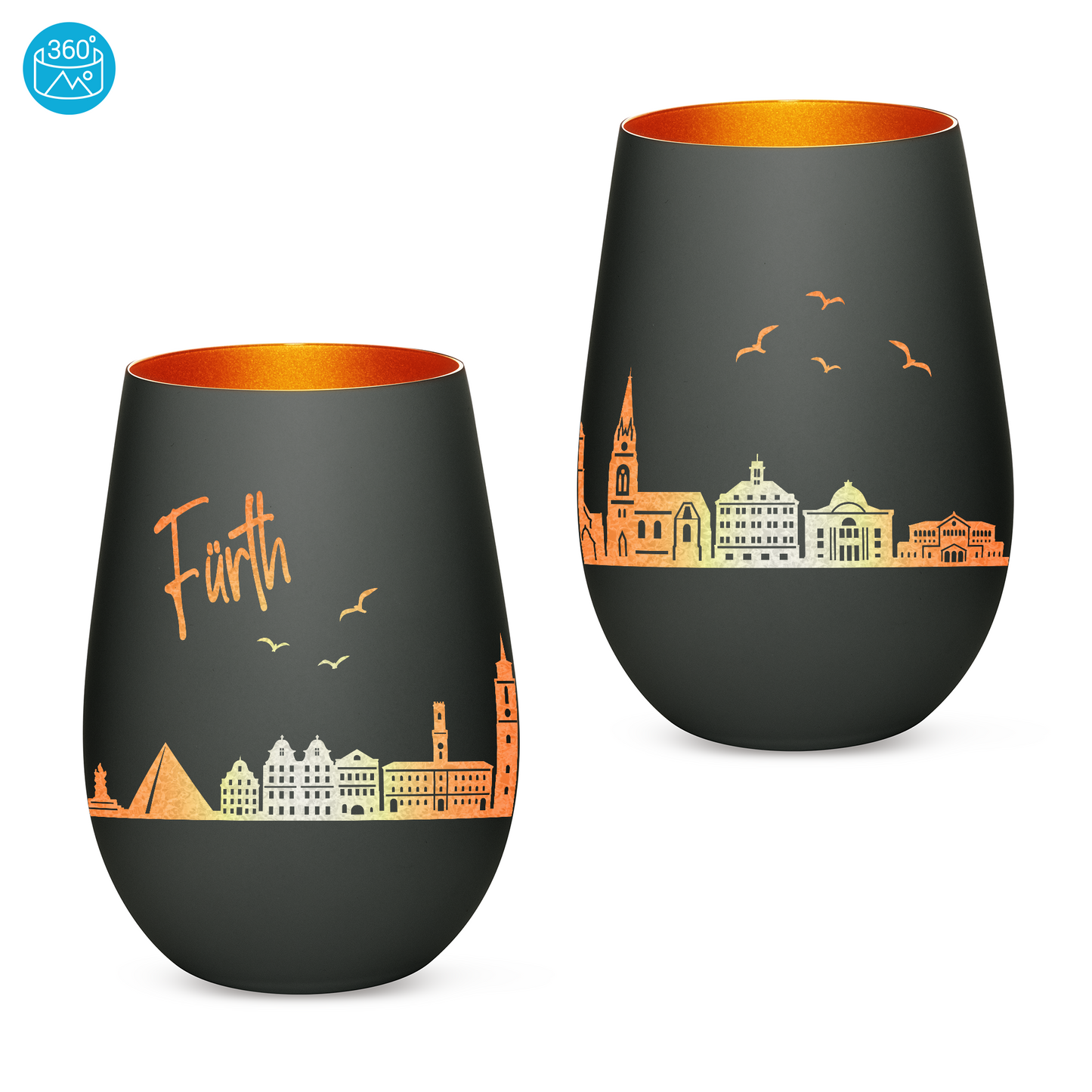 Hochwertiges Glas Windlicht mit Gravur "SKYLINE FÜRTH" in der Farbe Schwarz/Bronze