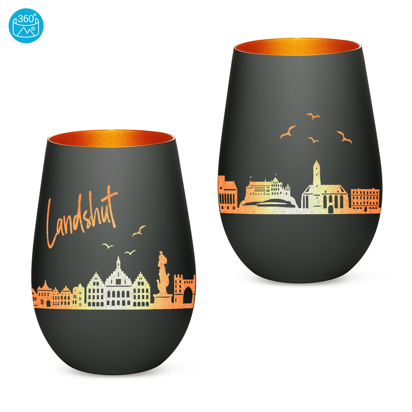 Hochwertiges Glas Windlicht mit Gravur "SKYLINE LANDSHUT" in der Farbe Schwarz/Bronze