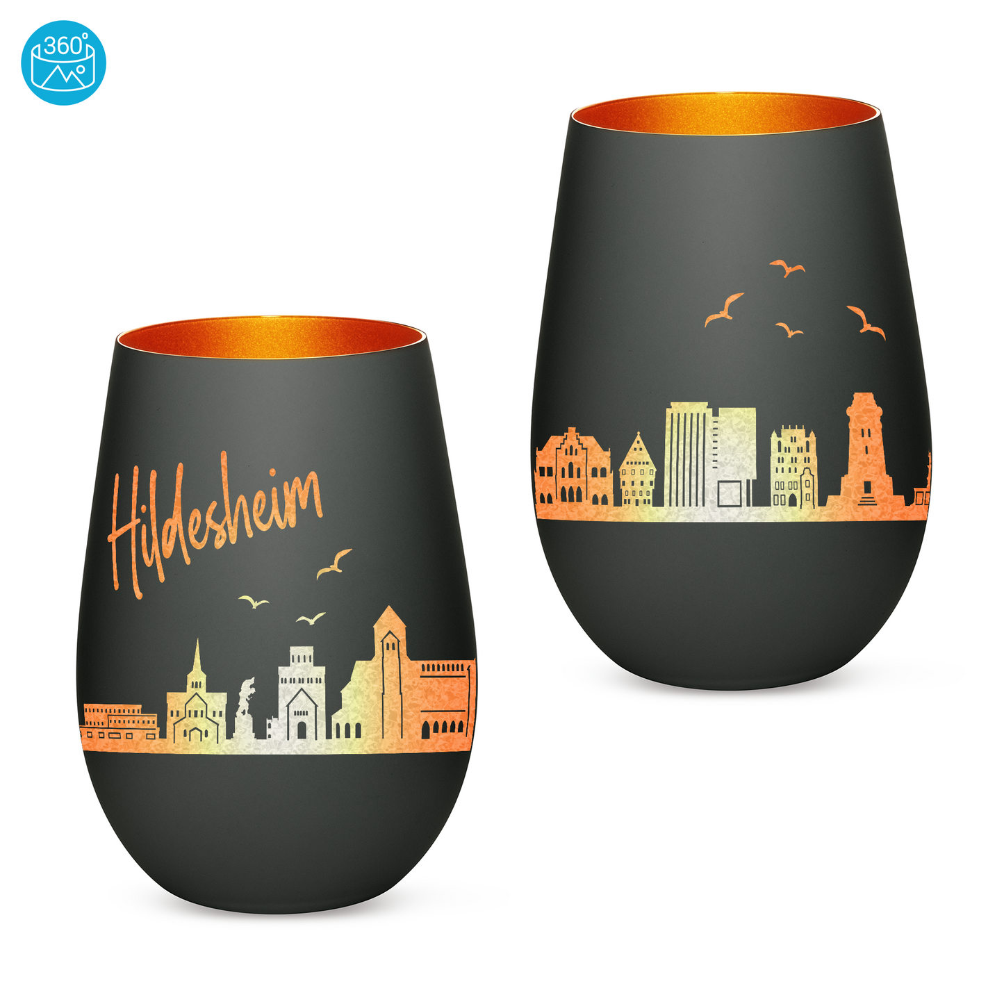 Hochwertiges Glas Windlicht mit Gravur "SKYLINE HILDESHEIM" in der Farbe Schwarz/Bronze