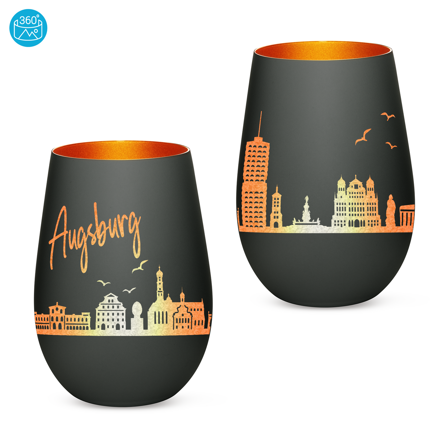 Hochwertiges Glas Windlicht mit Gravur "SKYLINE AUGSBURG" in der Farbe Schwarz/Bronze