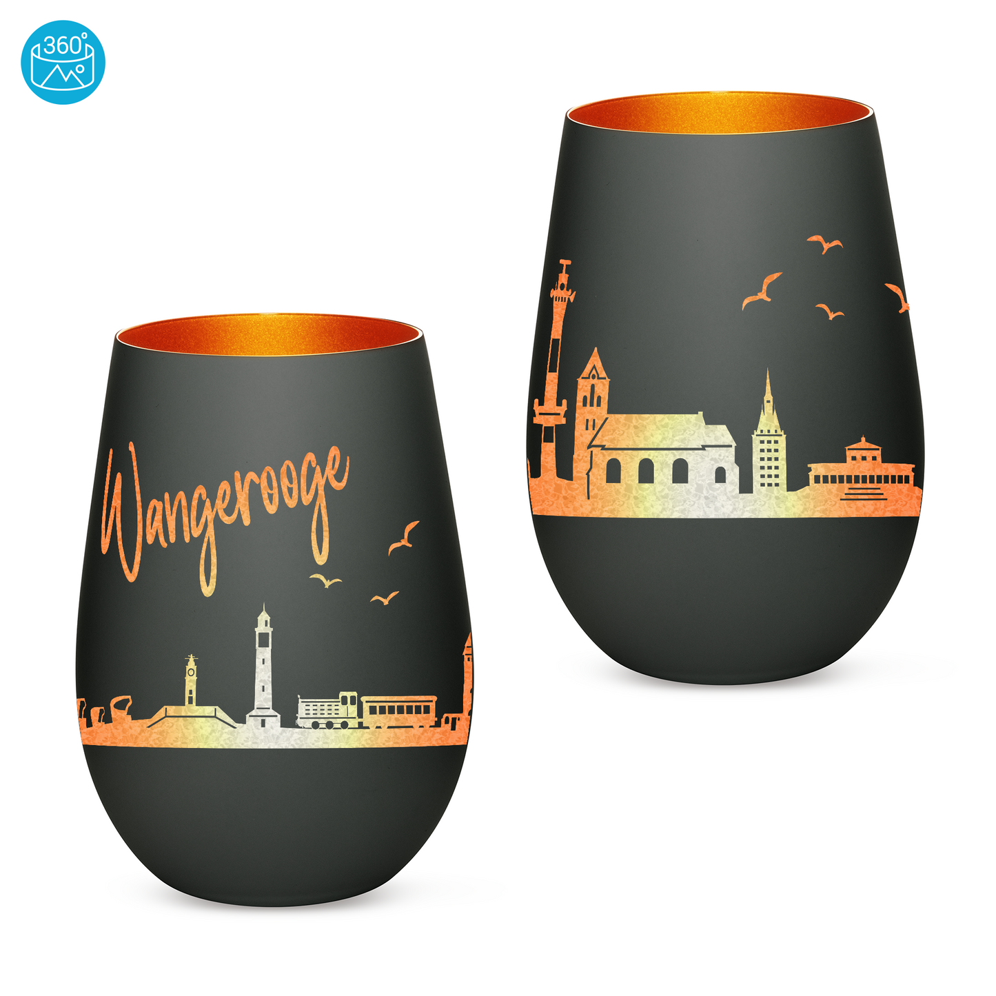 Hochwertiges Glas Windlicht mit Gravur "SKYLINE WANGEROOGE" in der Farbe Schwarz/Bronze