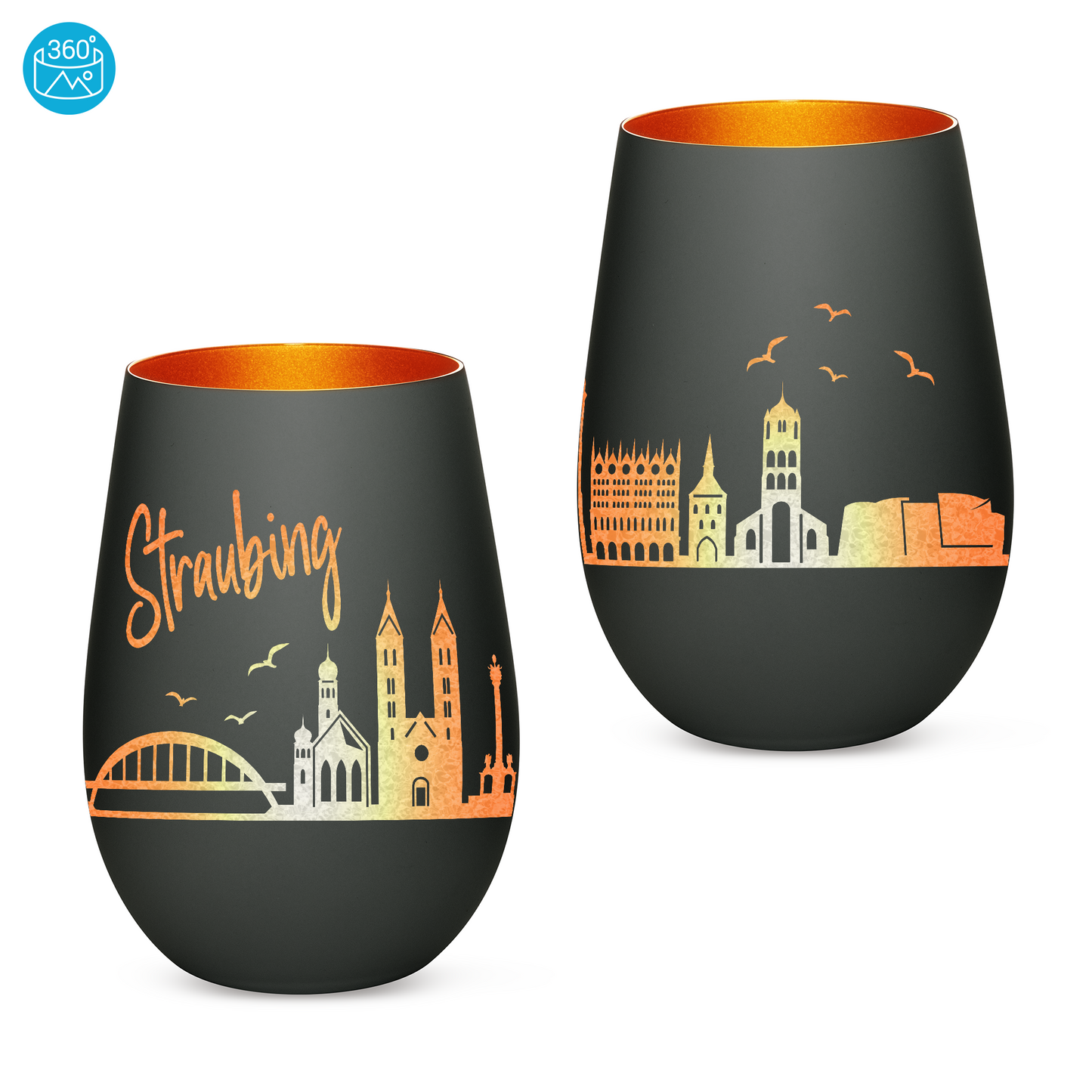 Hochwertiges Glas Windlicht mit Gravur "SKYLINE STRAUBING" in der Farbe Schwarz/Bronze