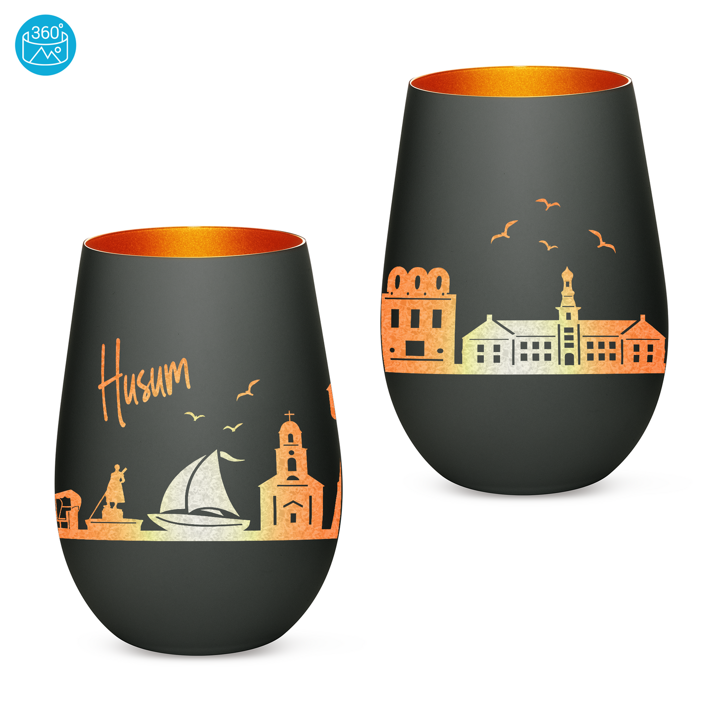 Hochwertiges Glas Windlicht mit Gravur "SKYLINE HUSUM" in der Farbe Schwarz/Bronze
