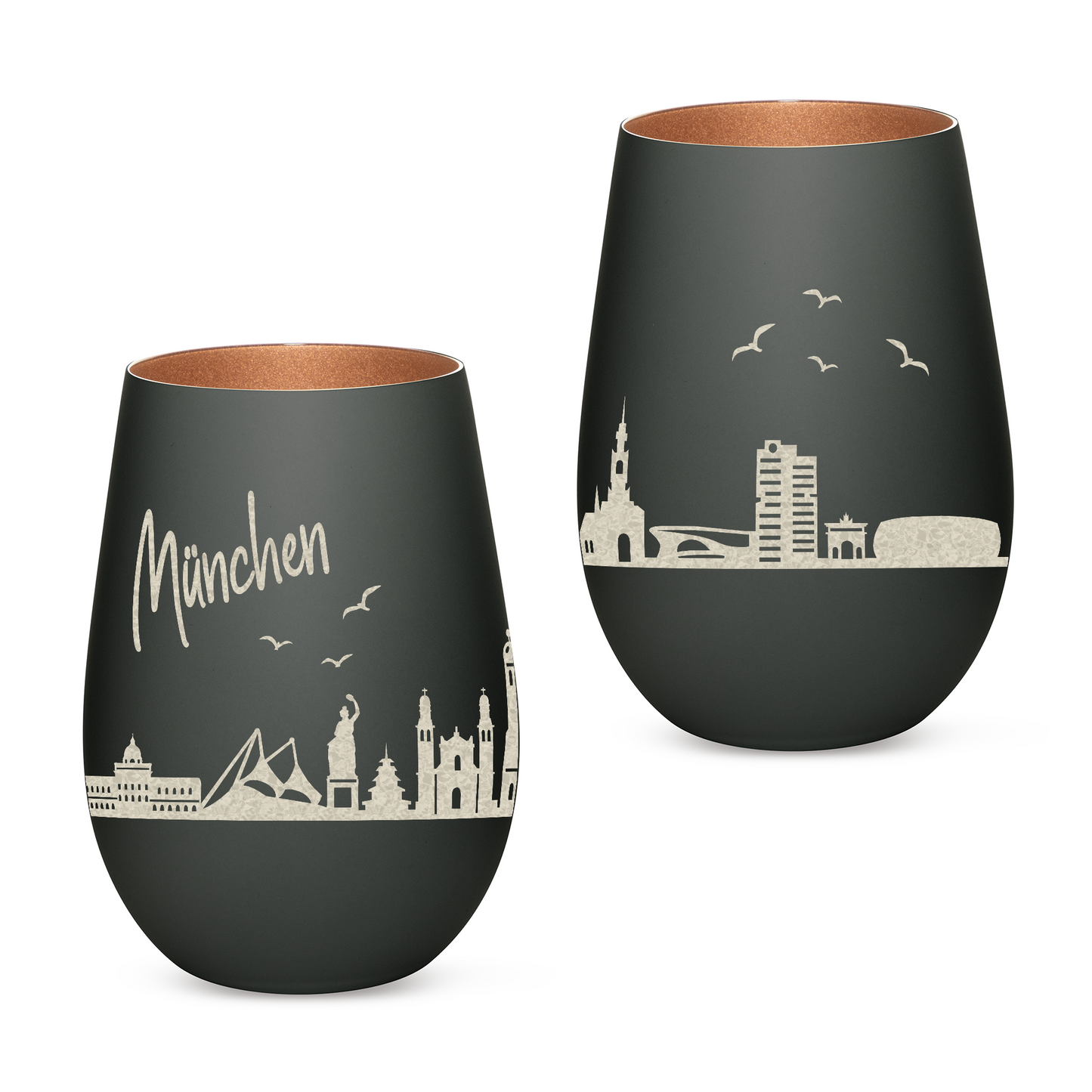 Hochwertiges Glas Windlicht mit Gravur "SKYLINE MÜNCHEN" in der Farbe Schwarz/Bronze