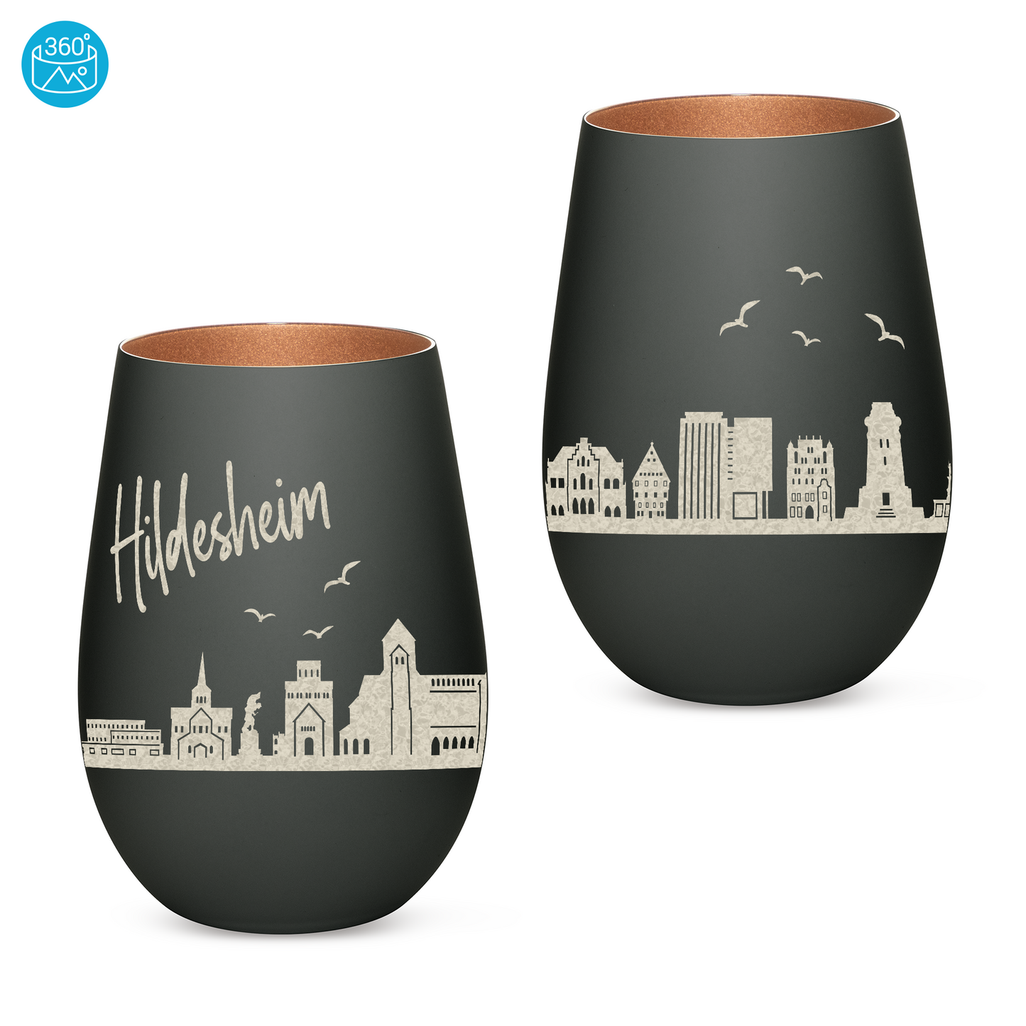 Hochwertiges Glas Windlicht mit Gravur "SKYLINE HILDESHEIM" in der Farbe Schwarz/Bronze