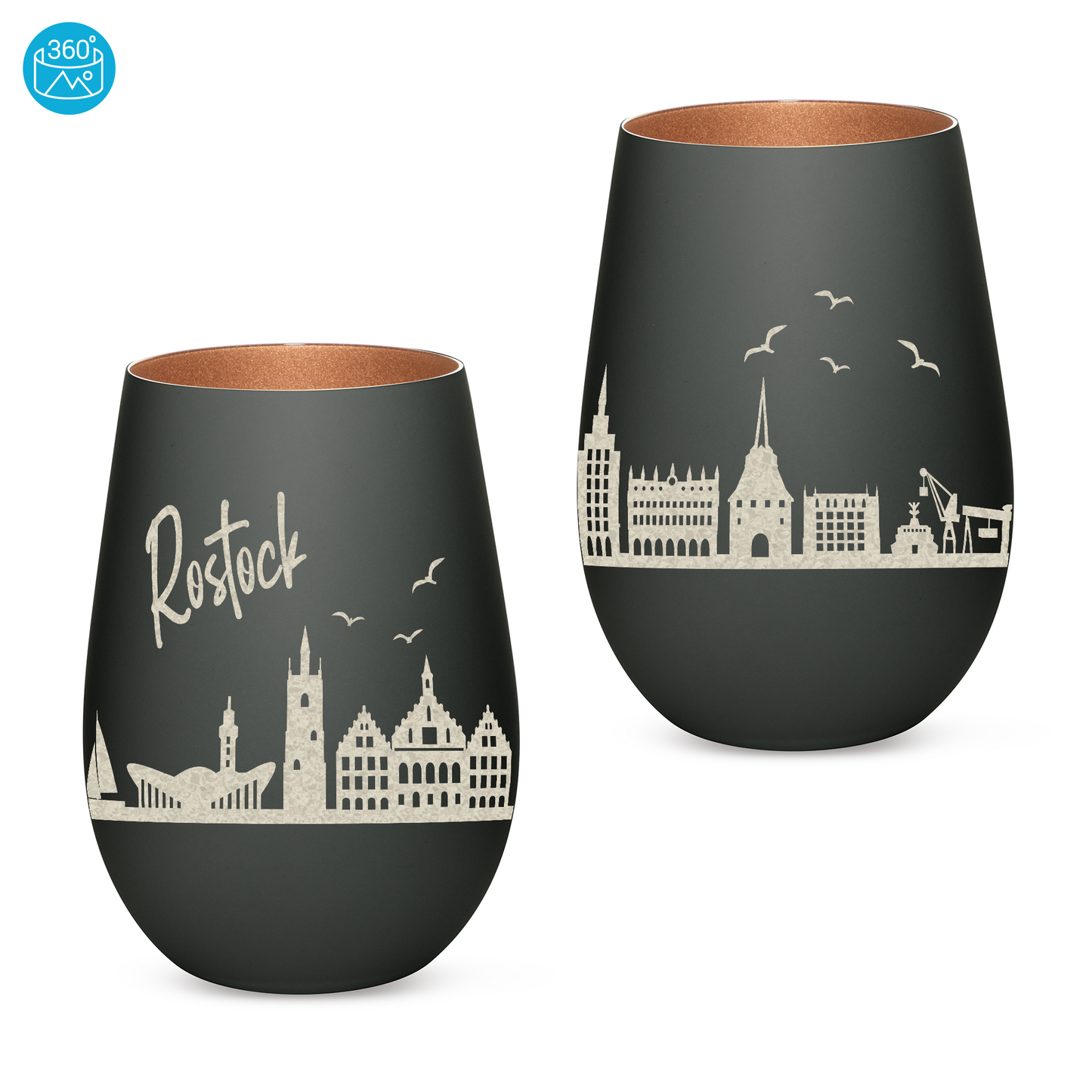 Hochwertiges Glas Windlicht mit Gravur "SKYLINE ROSTOCK" in der Farbe Schwarz/Bronze