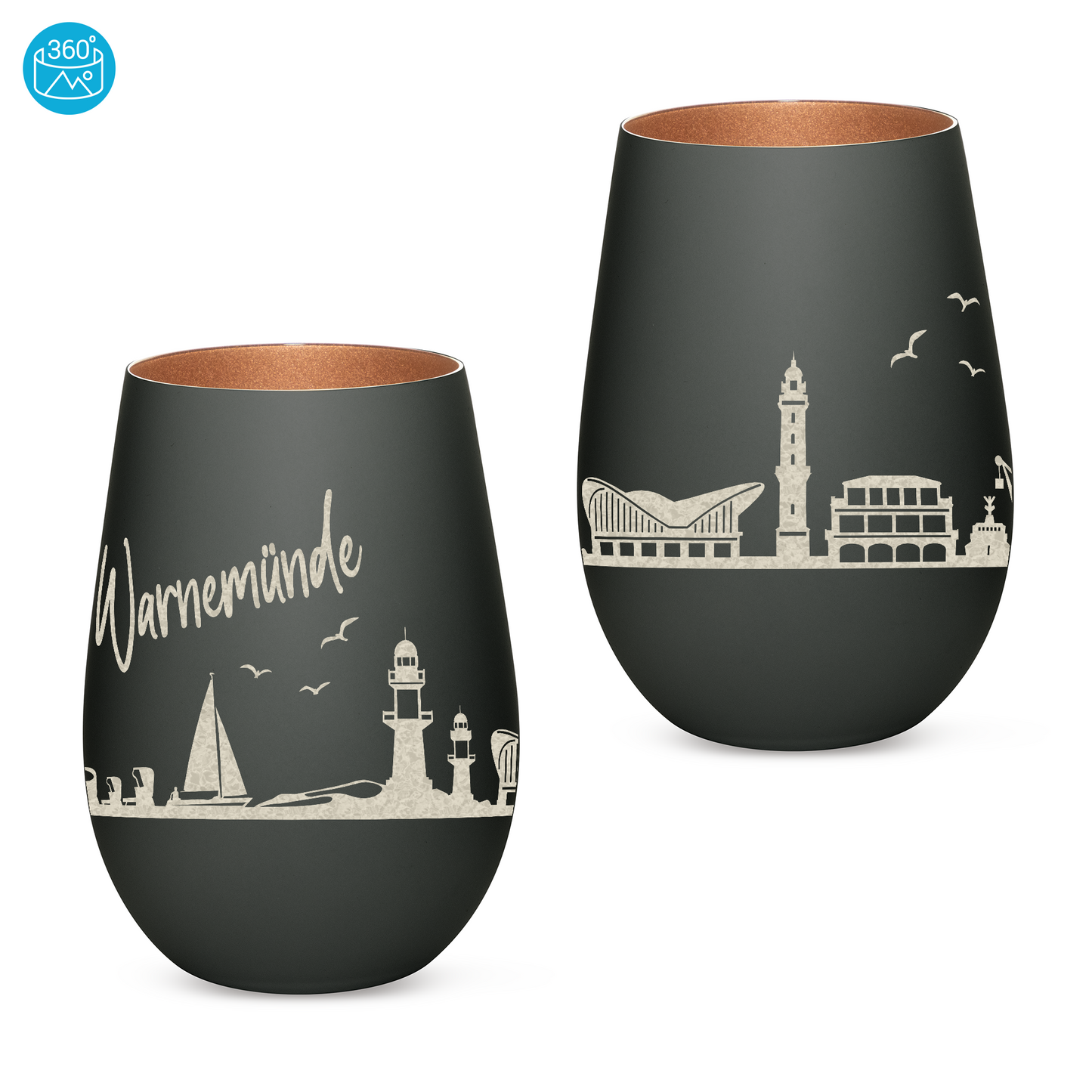 Hochwertiges Glas Windlicht mit Gravur "SKYLINE WARNEMÜNDE" in der Farbe Schwarz/Bronze