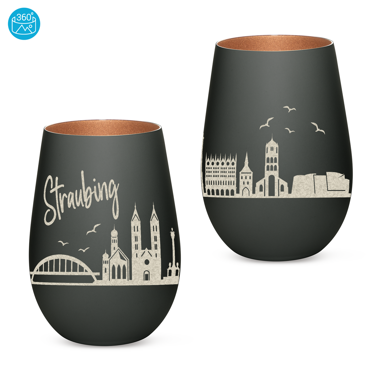 Hochwertiges Glas Windlicht mit Gravur "SKYLINE STRAUBING" in der Farbe Schwarz/Bronze