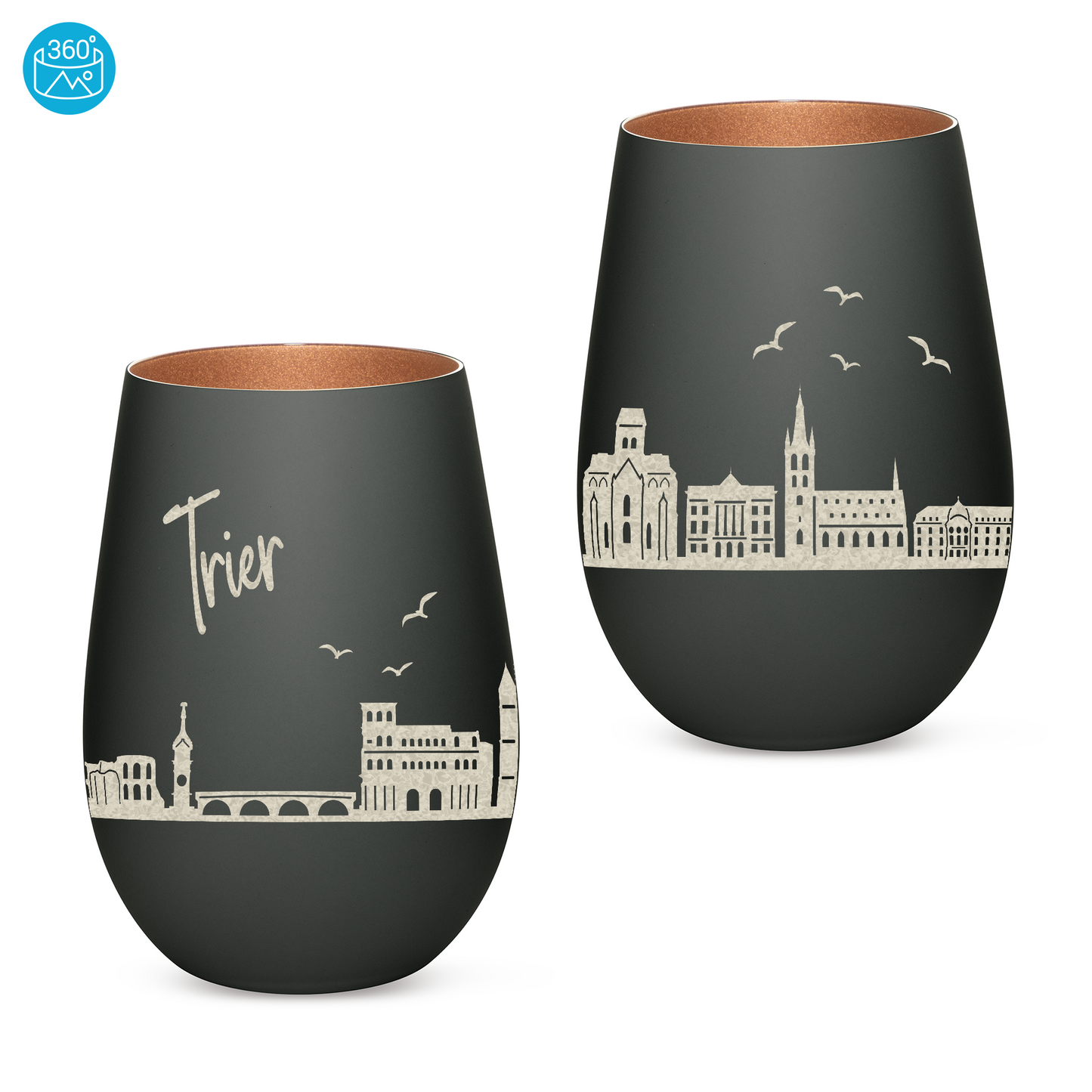 Hochwertiges Glas Windlicht mit Gravur "SKYLINE TRIER" in der Farbe Schwarz/Bronze