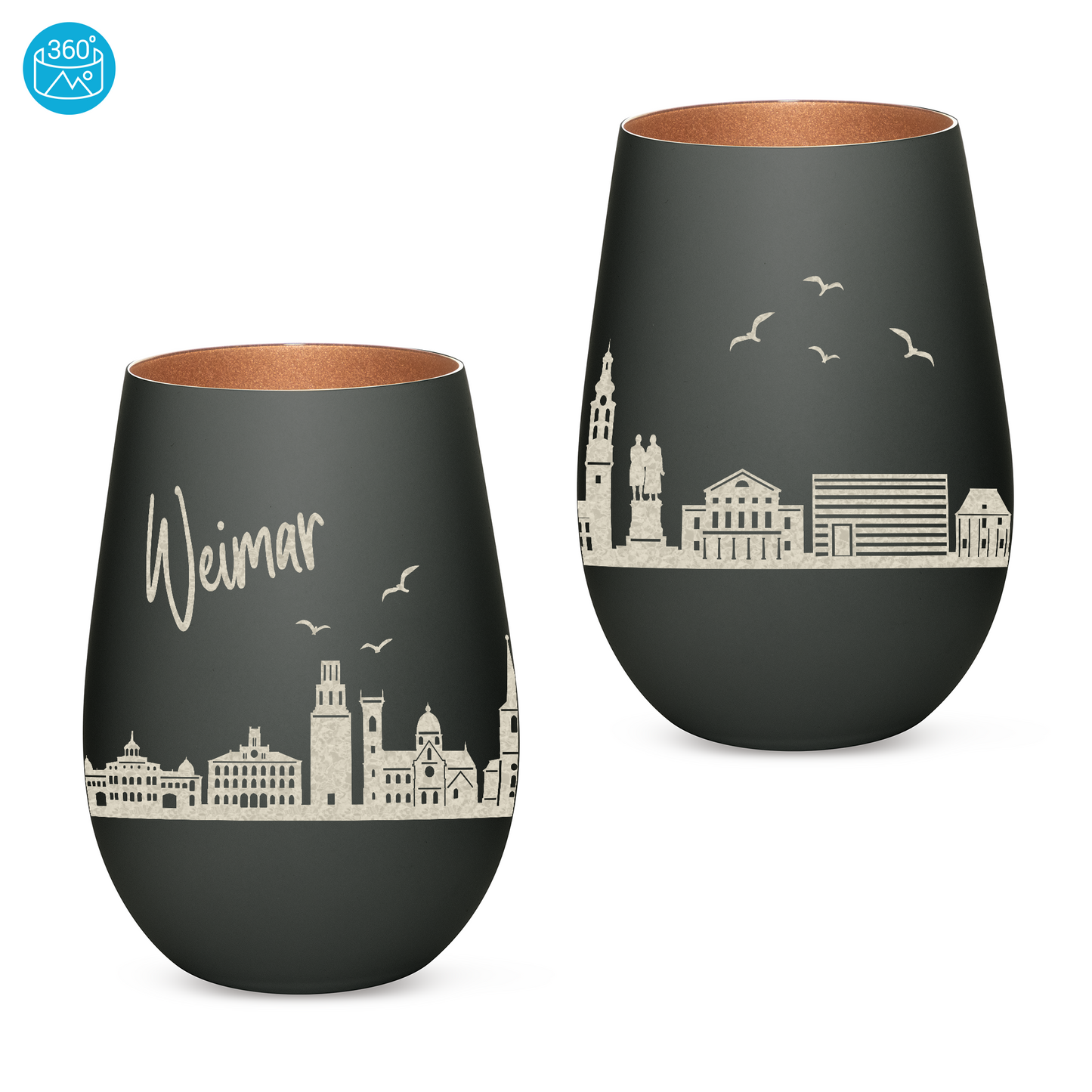 Hochwertiges Glas Windlicht mit Gravur "SKYLINE WEIMAR" in der Farbe Schwarz/Bronze