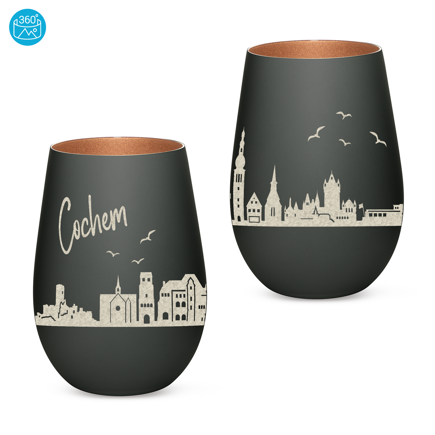 Hochwertiges Glas Windlicht mit Gravur "SKYLINE COCHEM" in der Farbe Schwarz/Bronze