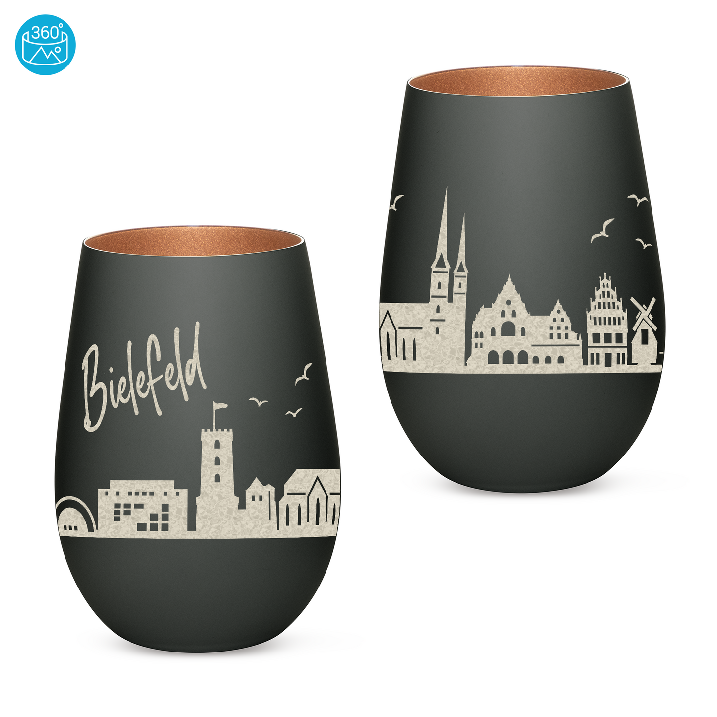 Hochwertiges Glas Windlicht mit Gravur "SKYLINE BIELEFELD" in der Farbe Schwarz/Bronze
